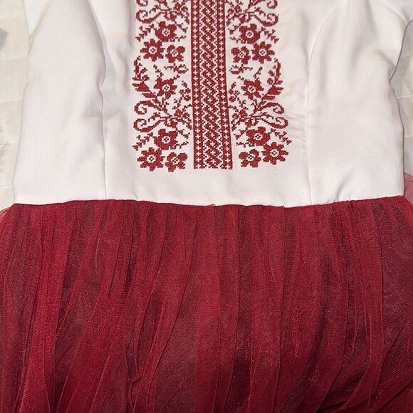 Girl 14-16 Embroidered White Burgundy Tulle Lace Short Sl Folk Formal Dress - Picture 15 of 16